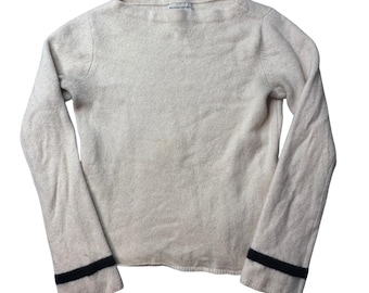 Sweter Banana Republic damski, rozmiar M, kremowy, z owczej wełny, dekolt w łódkę, kontrastowe paski na mankietach