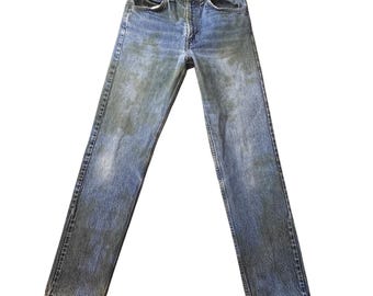 Jeansy Levi's Vintage Mens 28x30, niebiesko-pomarańczowe, z prostą nogawką, znoszone, USA, lata 90.
