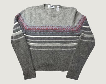 Vintage Q&A Sweater Womens L Grey Fair Isle Striped Lambswool Angora Crew Neck