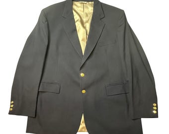 VTG Hunt Valley Blazer Men 48L Navy Blue Wool Two Button Gold Crest Buttons USA