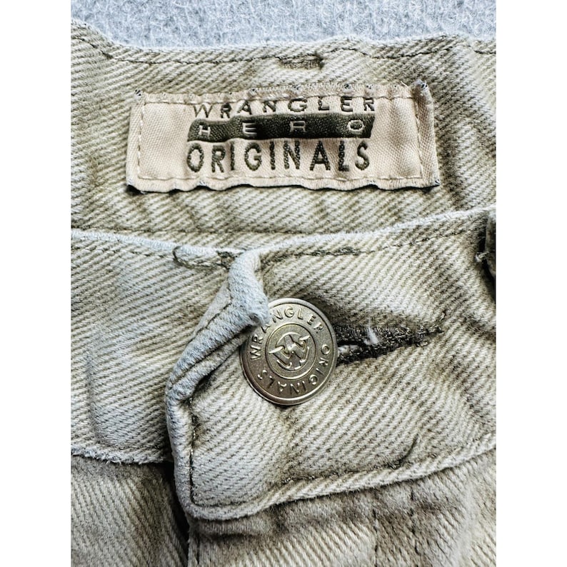 VTG Wrangler Jeans Mens 33x27 Khaki Tan Hero Originals Straight Leg Stained image 3
