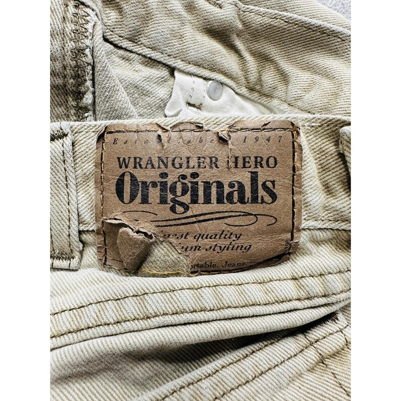 VTG Wrangler Jeans Mens 33x27 Khaki Tan Hero Originals Straight Leg Stained image 7