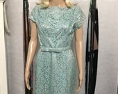 Vintage Aqua Blue Lace Sheath Dress Lined Bridesmaid Easter Wedding Wiggle Fit