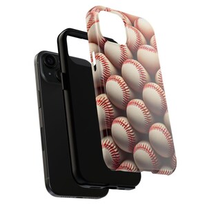 May include: A black phone case with a design of white baseballs with red stitching.