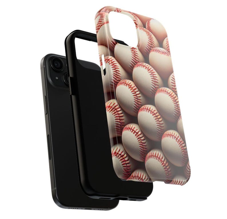 May include: A black phone case with a design of white baseballs with red stitching.