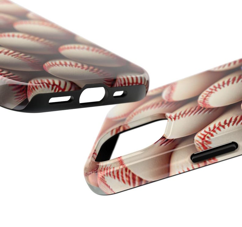 May include: A phone case with a baseball pattern. The case is black and has a raised edge around the camera lens.