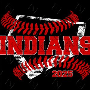 May include: Red and white baseball-themed graphic with the word "INDIANS" in red text and the year "2025" in red text.