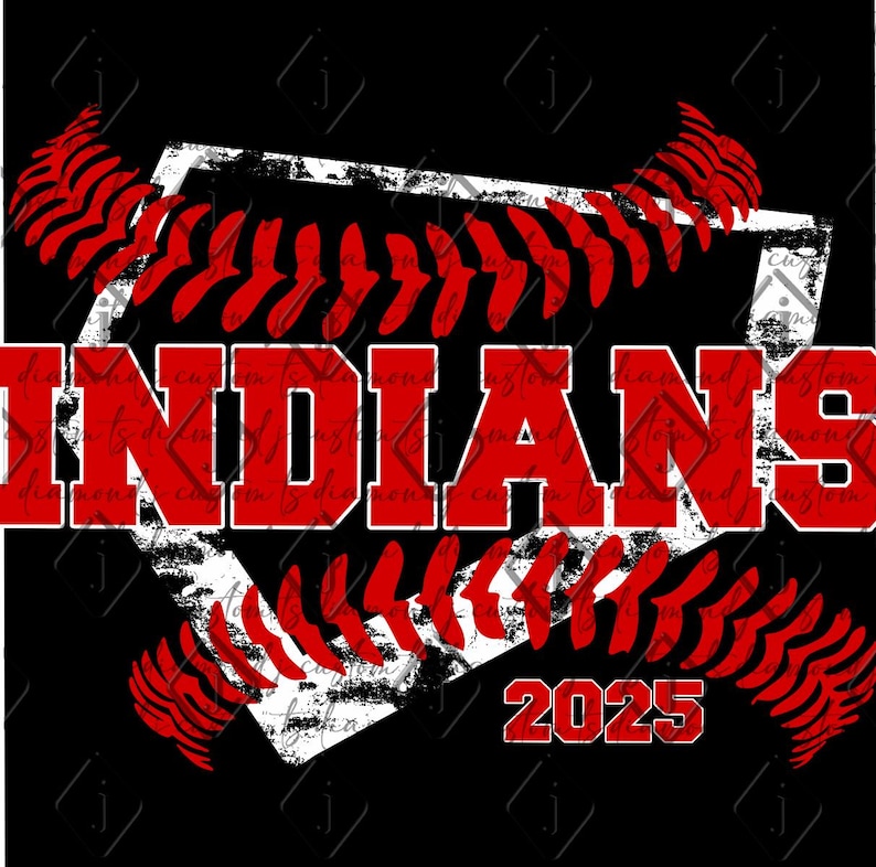 May include: Red and white baseball-themed graphic with the word "INDIANS" in red text and the year "2025" in red text.