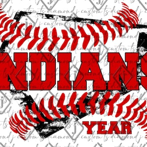 May include: A red and black baseball-themed graphic with the word "INDIANS" in large red letters and the word "YEAR" in black letters. The graphic has a distressed, vintage look.