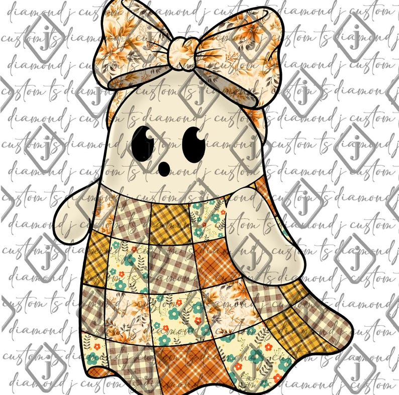Pode incluir: Um design de fantasma caprichoso com um grande la&ccedil;o e um corpo em estilo patchwork. O la&ccedil;o apresenta um padr&atilde;o de folhas de outono, enquanto o corpo do fantasma &eacute; uma mistura de padr&otilde;es xadrez e florais em cores laranja, amarelo e creme.