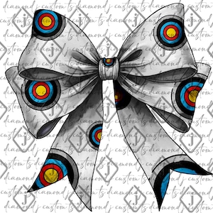 May include: A white bow with a grey watercolour effect and a pattern of colourful bullseye targets. The bow is tied in a knot with the ends of the bow hanging down.