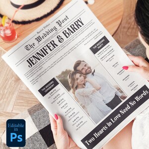 May include: A wedding newspaper titled "The Wedding Post" featuring the names "Jennifer & Barry." The newspaper includes a photo of the couple, a wedding ceremony schedule, and a list of the wedding party. The headline reads "Two Hearts in Love Need No Words."