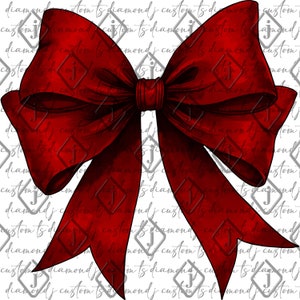 May include: A large, red bow with a satin finish. The bow is tied in a classic style with the ends of the ribbon flowing down.