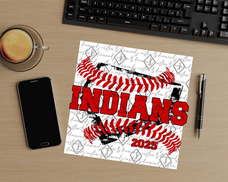 May include: A white and red baseball graphic with black stitching and a distressed black background. The text "INDIANS" is in red and the year "2025" is in black.