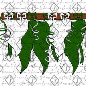 May include: Four green and white ribbon streamers hang from a wooden dowel rod. Each streamer has a bow at the top and is tied to the rod with a brown ribbon. The streamers are against a white background.