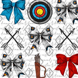 May include: A collection of archery-themed graphics. Includes a target, crossed arrows, a quiver with arrows, and several bows in blue, red, and white with target patterns. The background has a diamond pattern.