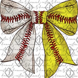 May include: A white and yellow softball bow with red stitching. The bow is tied in a knot and the ends are flowing.