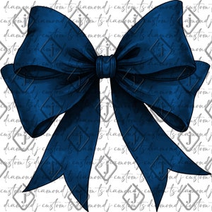 May include: A large, navy blue bow with a watercolor effect. The bow has multiple loops and tails, and is centered on a white background with a repeating diamond pattern and text. The bow is a decorative element.