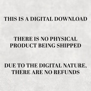 Pode incluir: Imagem com texto: "THIS IS A DIGITAL DOWNLOAD. THERE IS NO PHYSICAL PRODUCT BEING SHIPPED. DUE TO THE DIGITAL NATURE, THERE ARE NO REFUNDS." O texto est&aacute; em uma fonte escura sobre um fundo claro e texturizado.