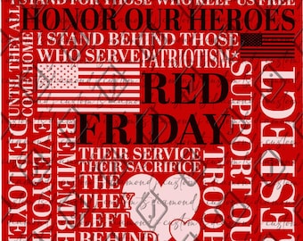 Peut inclure: Graphique rouge, blanc et bleu avec le texte "Je porte du rouge pour que tout le monde le voie. Je suis solidaire de ceux qui nous maintiennent libres. Honneur à nos héros. Je soutiens ceux qui servent le patriotisme. Vendredi rouge. Souviens-toi de tous ceux qui sont déployés. Soutenez nos troupes. Respect."