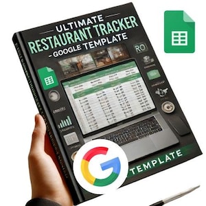 Puede incluir: Un libro negro y verde con el título "Ultimate Restaurant Tracker - Google Template" y un logotipo de Google. El libro está abierto en una página con una hoja de cálculo y una pantalla de portátil. El libro está siendo sostenido por una mano.