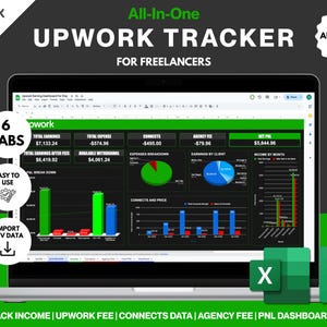 May include: A screenshot of a computer screen showing a spreadsheet with data about Upwork earnings, expenses, connects, and agency fees. The spreadsheet is titled "Upwork Earnings Dashboard for [Day]" and has six tabs. The spreadsheet is green and black with red and blue charts. The text "Upwork Tracker for Freelancers" is displayed above the spreadsheet. The text "Fully Automated" is displayed in a green circle in the upper right corner of the image.