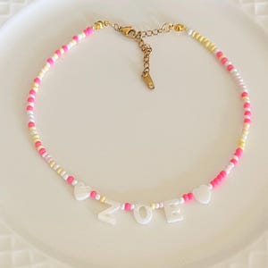 Personalized necklace ,pink girls handmade necklaces, handmade necklace beaded necklace, kids necklace, mother of pearl letter name necklace