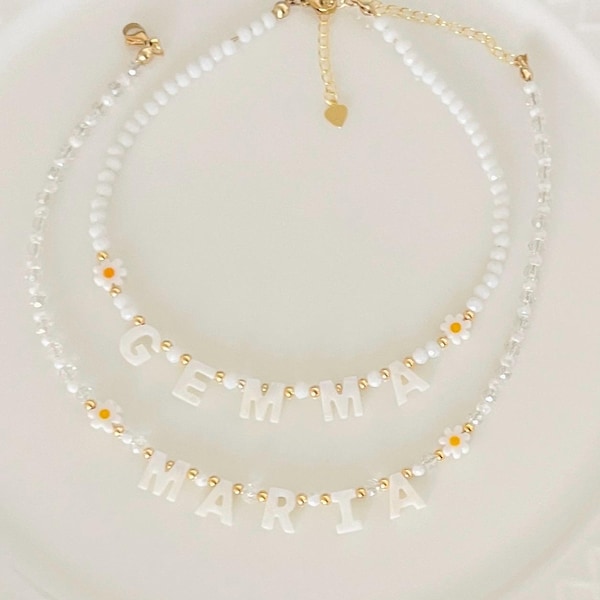 Personalized Beaded Name Necklace: Mother of Pearl Letter Necklace