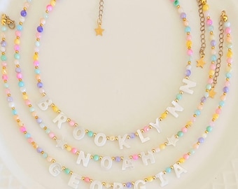 Personalized Mother of Pearl Name Necklace, Colorful Beaded Choker, Gold Accents