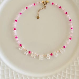 Personalized Name Necklace: Pink Beaded Mother of Pearl Letter Necklace