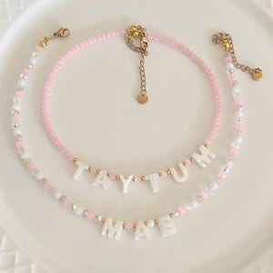 Personalized necklace ,light pink girls handmade necklaces, handmade necklace beaded necklace, kids necklace, mother of pearl letter name