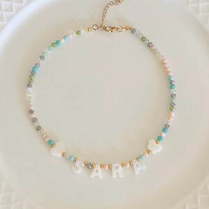 Personalized Beaded Name Necklace: Mother of Pearl Letter Charms