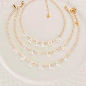 Personalized Beaded Name Necklace: Mother of Pearl Letter Charms