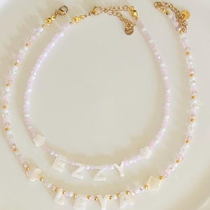 Personalized necklace ,light pink girls handmade necklaces, handmade necklace beaded necklace, kids necklace, mother of pearl letter name