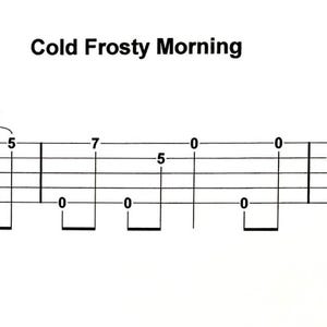 May include: A musical tablature sheet with the title "Cold Frosty Morning." The sheet music features a series of horizontal lines with numbers and symbols indicating finger positions for a stringed instrument. The text "TablEdited by Becky Barrow" is also present.