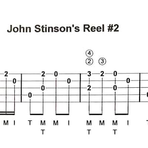 Può includere: Un foglio di tablature per banjo scritto a mano per "John Stinson's Reel #2". Lo spartito include note, posizionamenti delle dita e il testo "Tuning with capo at 2nd fret". La tablature è di Becky Barrow (Banjo Granny).