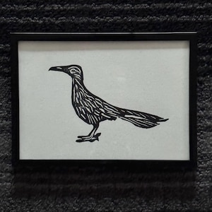 Linocut printmaking of Francis the Roadrunner all handmade by me. Made to order.