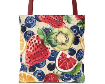 Sac fourre-tout coloré aux fraises, sac fourre-tout aquarelle fruits d'été, sac fourre-tout de plage d'été, sac à bandoulière, joli sac de courses, cadeau pour les amateurs de fruits