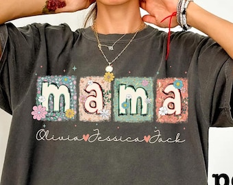 Camiseta personalizada con flores y colores reconfortantes para mamá, camiseta personalizada para mamá con nombres de niños, camiseta personalizada para mamá con nombres de niños, camiseta para mamá, regalo para el Día de la Madre