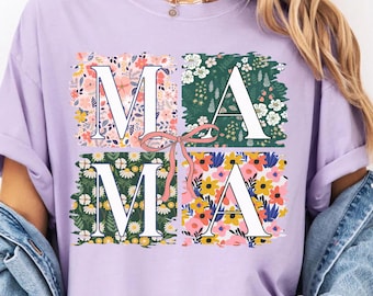 Camiseta con lazo floral Comfort Colors para mamá, camiseta floral para mamá, camiseta para mamá de primavera, camiseta floral para mamá de primavera, regalo para el Día de la Madre, regalo para mamá primeriza