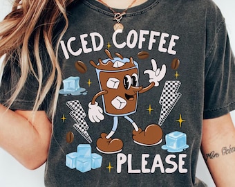 T-shirt ijskoffie comfort kleuren, ijskoffie alsjeblieft, shirt ijskoffie, shirt koffieliefhebber, retro koffieshirt, cadeau voor koffieliefhebbers