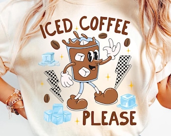 T-shirt ijskoffie comfort kleuren, ijskoffie alsjeblieft, shirt ijskoffie, shirt koffieliefhebber, retro koffieshirt, cadeau voor koffieliefhebbers