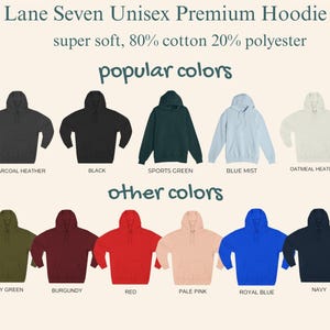 May include: A display of Lane Seven Unisex Premium Hoodies in various colors, including Charcoal Heather, Black, Sports Green, Blue Mist, Oatmeal Heather, Army Green, Burgundy, Red, Pale Pink, Royal Blue, and Navy. The text indicates the hoodies are made of 80% cotton and 20% polyester.