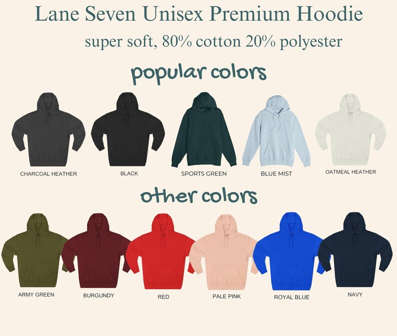 May include: A display of Lane Seven Unisex Premium Hoodies in various colors, including Charcoal Heather, Black, Sports Green, Blue Mist, Oatmeal Heather, Army Green, Burgundy, Red, Pale Pink, Royal Blue, and Navy. The text indicates the hoodies are made of 80% cotton and 20% polyester.