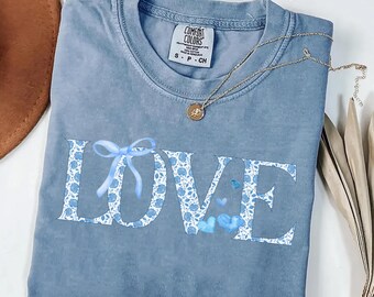 Love Blue Toile De Jouy Coquette Bow Comfort Colors Shirt/Sweatshirt, Love t-shirt, Toile tee, Valentine Love shirt, Floral Toile shirt