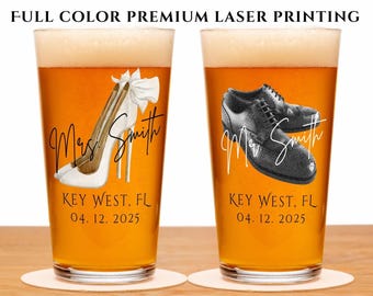 Personalisiertes Hochzeitsgeschenk, Mr. Mrs. Benutzerdefinierter Name 16 Unzen Glas / Bierglas, Bräutigam / Braut Geschenk, Verlobungsgeschenk, Jahrestagsgeschenk, Geschenk für Paare