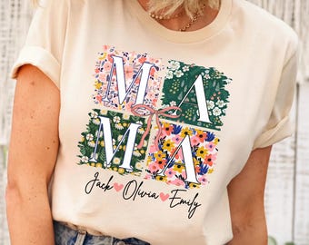 Camiseta personalizada con lazo floral para mamá, nombres de niños personalizados, camiseta floral para mamá de primavera, camiseta floral para mamá de primavera, regalo para el Día de la Madre, regalo para mamá primeriza