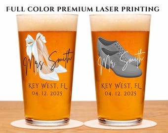 Personalisiertes Hochzeitsgeschenk, Mr. Mrs. Benutzerdefinierter Name 16 Unzen Glas / Bierglas, Bräutigam / Braut Geschenk, Verlobungsgeschenk, Jahrestagsgeschenk, Geschenk für Paare
