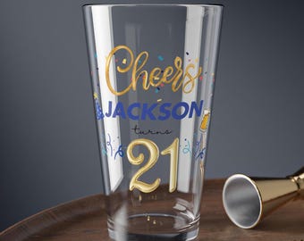 Custom 21st Birthday Beer Glass, Turns 21 Pint Glass, 21st birthday gift, birthday gift for him, personalized 21 gift, 21 bday gift for him