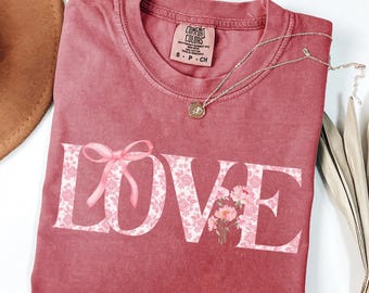 Valentine pink Toile De Jouy Coquette Bow Comfort Colors Shirt/Sweatshirt, Love t-shirt, Toile tee, Valentine Love shirt, Floral Toile shirt